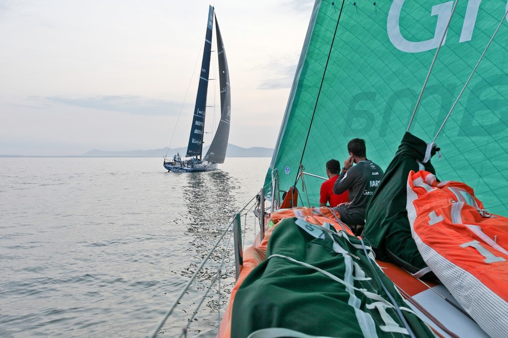 Groupama Sailing Team and Team Telefonica battle it out in the Strait of Malacca, during leg 3 of the Volvo Ocean Race 2011-12, from Abu Dhabi, UAE to Sanya, China. (Credit: Yann Riou/Groupama Sailing Team/Volvo Ocean Race) © Yann Riou/Groupama Sailing Team /Volvo Ocean Race http://www.cammas-groupama.com/